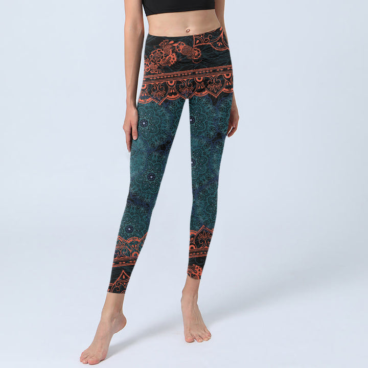 Leggings de fitness et de gym à imprimé floral mandala vert Buddha Stones Pantalon de yoga pour femme