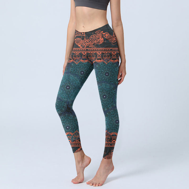 Leggings de fitness et de gym à imprimé floral mandala vert Buddha Stones Pantalon de yoga pour femme - CadetBlue - US18，UK/AU22，EU50 (4XL) - image 0
