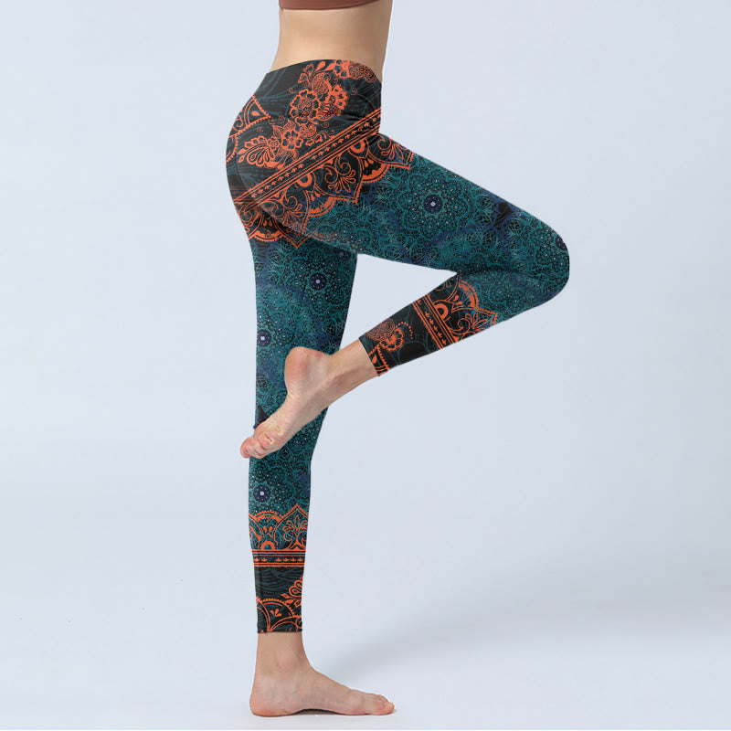 Leggings de fitness et de gym à imprimé floral mandala vert Buddha Stones Pantalon de yoga pour femme - image 3