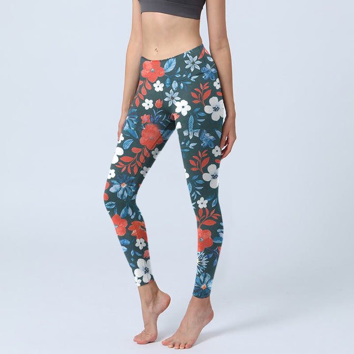 Leggings de fitness et de gym à imprimé pissenlit avec Buddha Stones et fleurs rouges et blanches pour femmes - SteelBlue - US18，UK/AU22，EU50 (4XL) - image 0