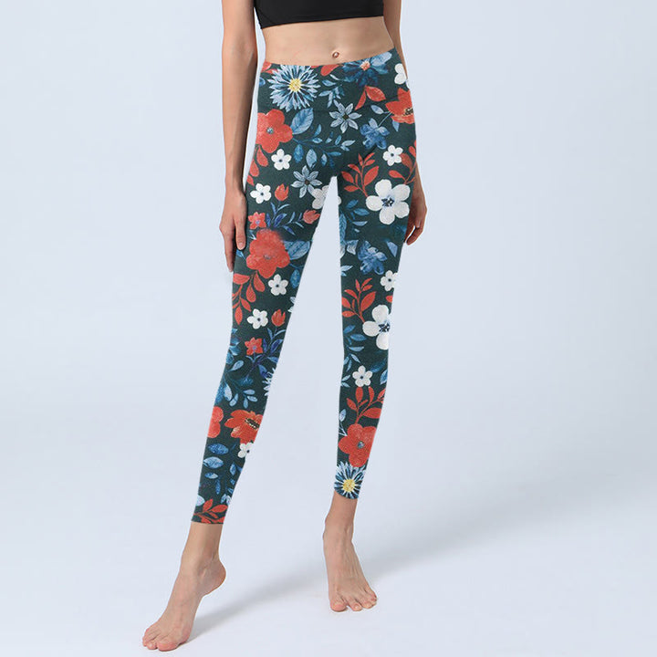 Leggings de fitness et de gym à imprimé pissenlit avec Buddha Stones et fleurs rouges et blanches pour femmes - image 5