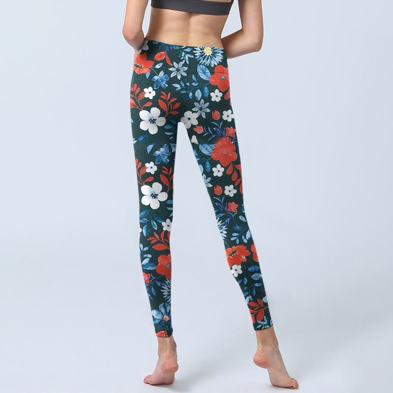 Leggings de fitness et de gym à imprimé pissenlit avec Buddha Stones et fleurs rouges et blanches pour femmes - image 7