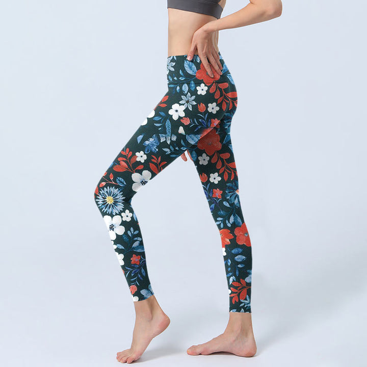 Leggings de fitness et de gym à imprimé pissenlit avec Buddha Stones et fleurs rouges et blanches pour femmes - image 3