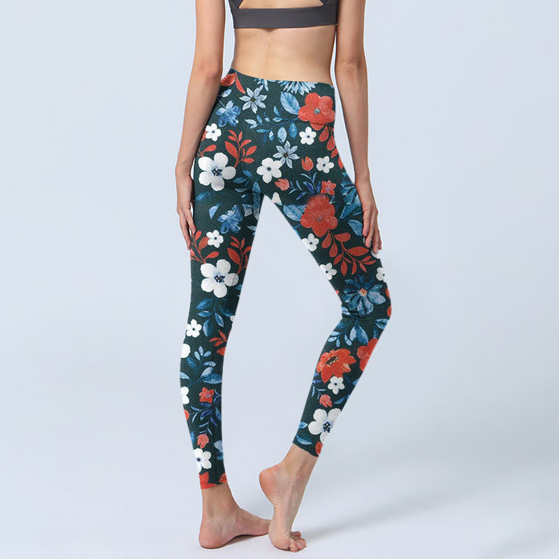 Leggings de fitness et de gym à imprimé pissenlit avec Buddha Stones et fleurs rouges et blanches pour femmes - image 4