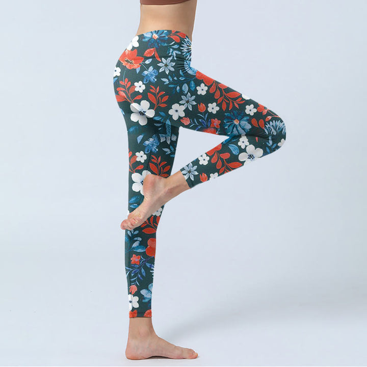 Leggings de fitness et de gym à imprimé pissenlit avec Buddha Stones et fleurs rouges et blanches pour femmes - image 3