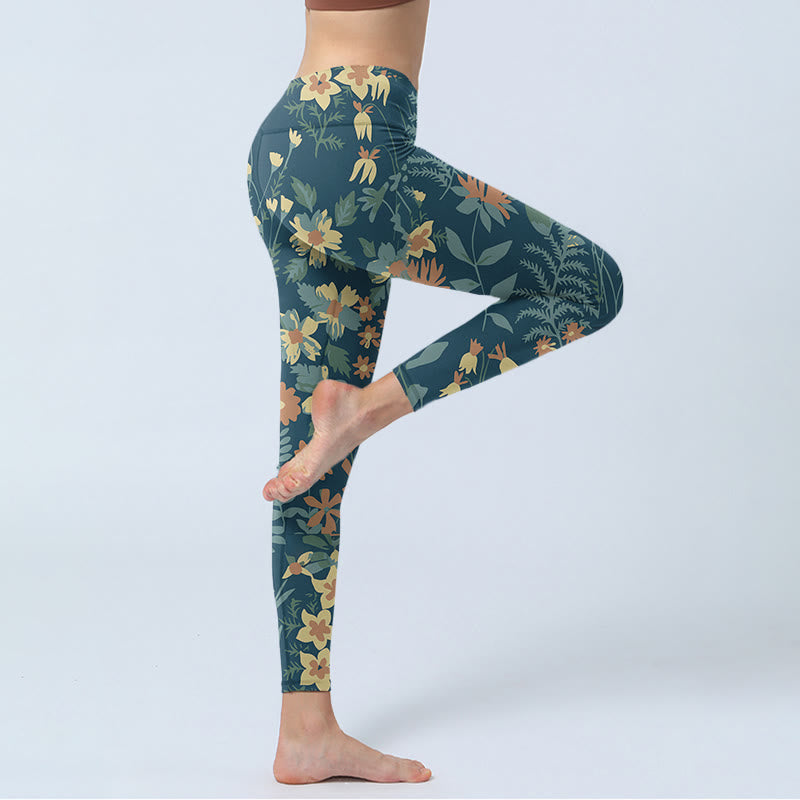 Leggings de fitness décontractés à imprimé marguerites et feuilles de Buddha Stones pour femmes - image 3