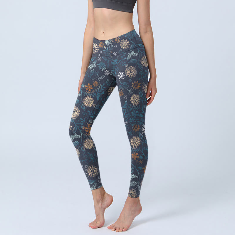 Buddha Stones New York Aster Flowers Leaves Print Gym Fitness Leggings Pantalons de yoga pour femmes - Bleu acier - US18，UK/AU22，EU50 (4XL) - image 1