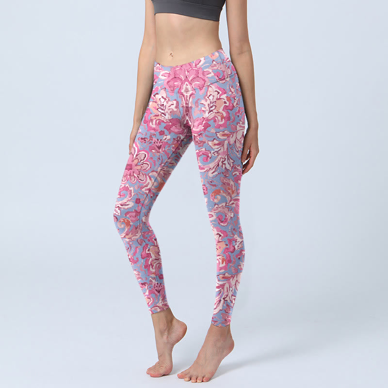 Leggings de fitness et de gym à imprimé fleurs roses avec Buddha Stones Pantalon de yoga pour femme - Rose vif - US18，UK/AU22，EU50 (4XL) - image 0