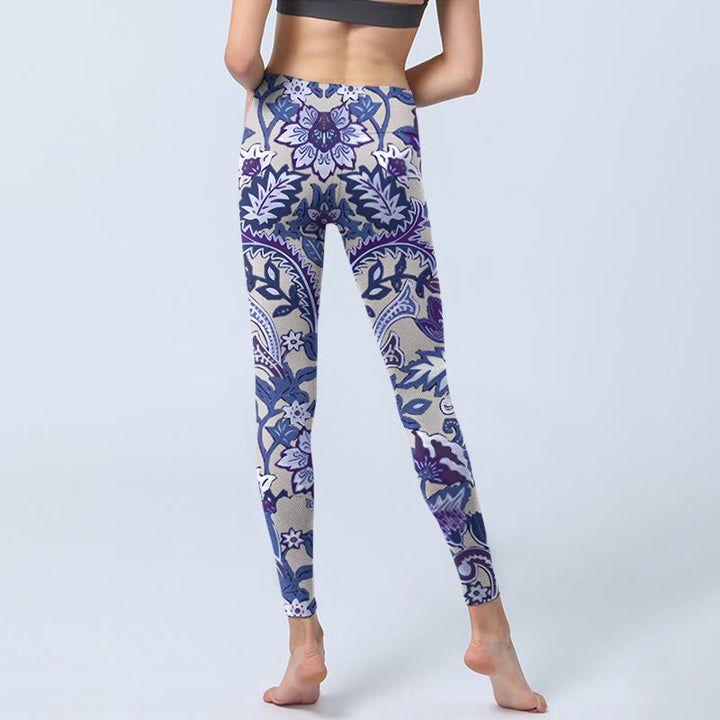 Leggings de fitness et de gym à imprimé feuilles et fleurs violettes Buddha Stones Pantalon de yoga pour femme - image 7