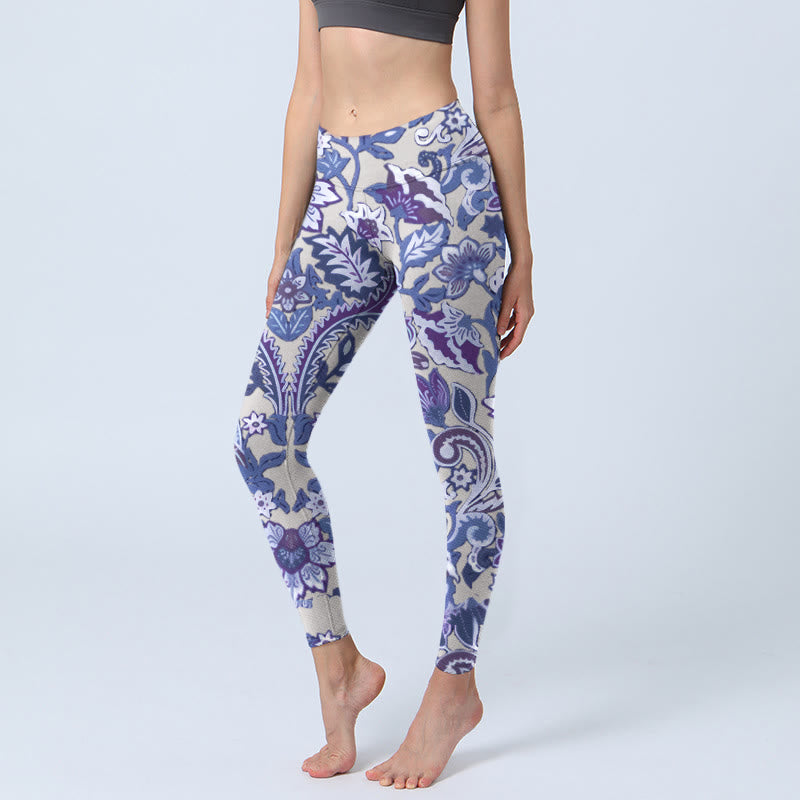 Leggings de fitness et de gym à imprimé feuilles et fleurs violettes Buddha Stones Pantalon de yoga pour femme - Violet moyen - US18，UK/AU22，EU50 (4XL) - image 1