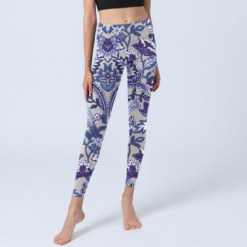 Leggings de fitness et de gym à imprimé feuilles et fleurs violettes Buddha Stones Pantalon de yoga pour femme - image 6