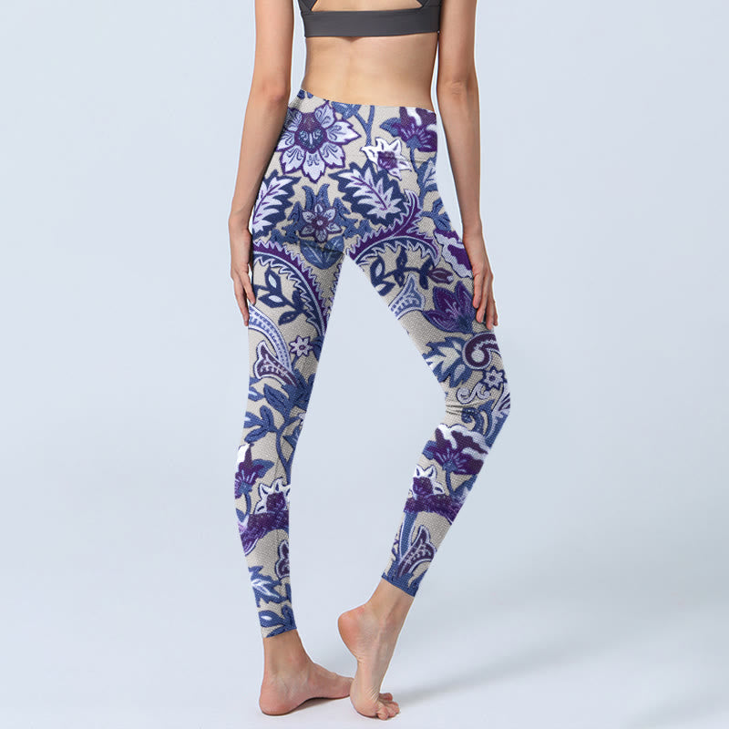 Leggings de fitness et de gym à imprimé feuilles et fleurs violettes Buddha Stones Pantalon de yoga pour femme - image 5