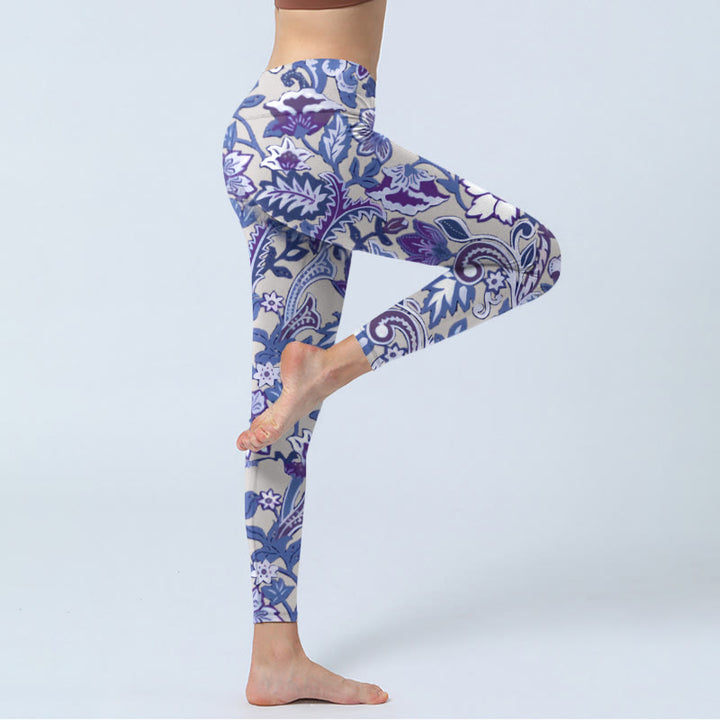 Leggings de fitness et de gym à imprimé feuilles et fleurs violettes Buddha Stones Pantalon de yoga pour femme - image 4