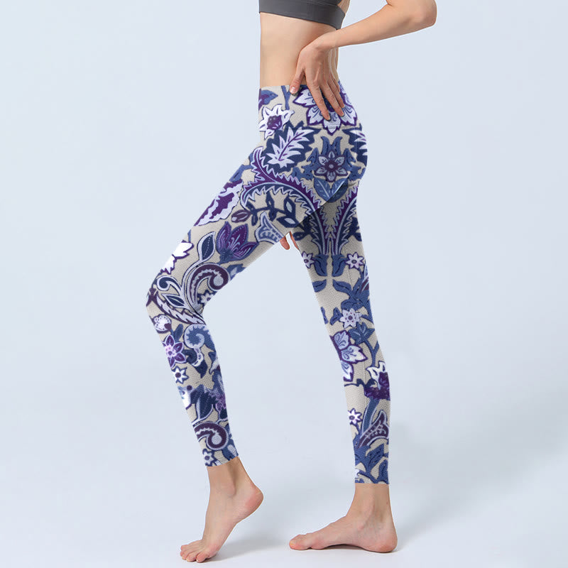 Leggings de fitness et de gym à imprimé feuilles et fleurs violettes Buddha Stones Pantalon de yoga pour femme - image 3