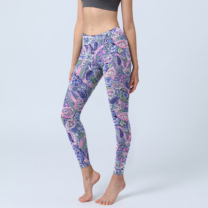 Leggings de fitness et de gym à imprimé fleurs de cajou violet et rose Buddha Stones pour femmes - Violet moyen - US18，UK/AU22，EU50 (4XL) - image 1