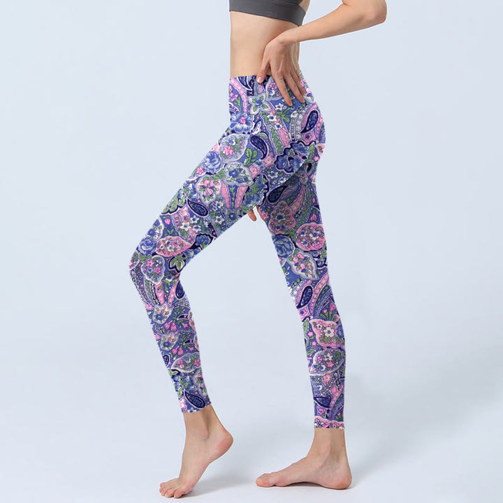 Leggings de fitness et de gym à imprimé fleurs de cajou violet et rose Buddha Stones pour femmes - image 3