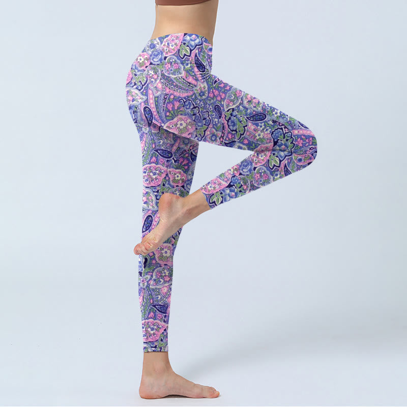 Leggings de fitness et de gym à imprimé fleurs de cajou violet et rose Buddha Stones pour femmes - image 3
