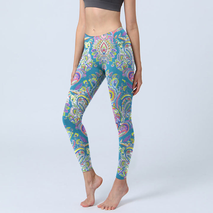 Leggings de fitness et de gym à imprimé floral bleu rose vert Buddha Stones pour femmes - Bleu ciel clair - US18，UK/AU22，EU50 (4XL) - image 1