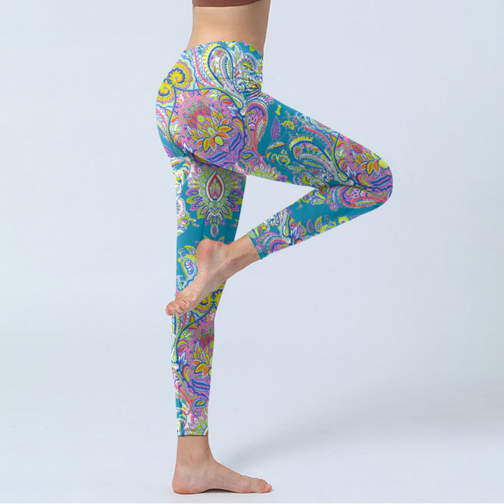 Leggings de fitness et de gym à imprimé floral bleu rose vert Buddha Stones pour femmes - image 4