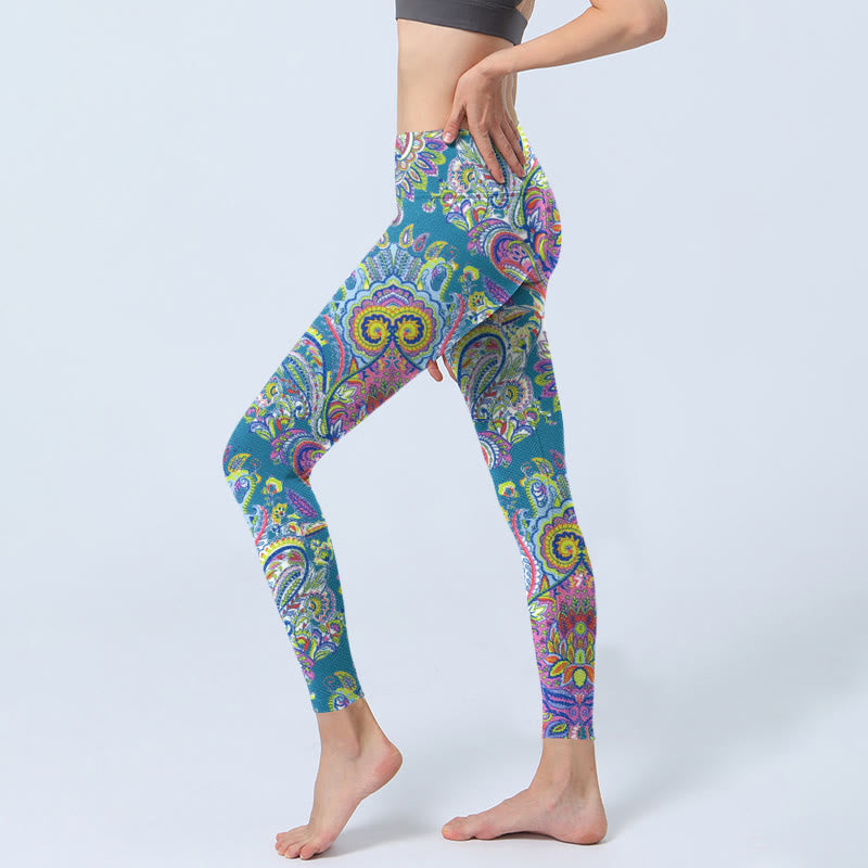 Leggings de fitness et de gym à imprimé floral bleu rose vert Buddha Stones pour femmes - image 2