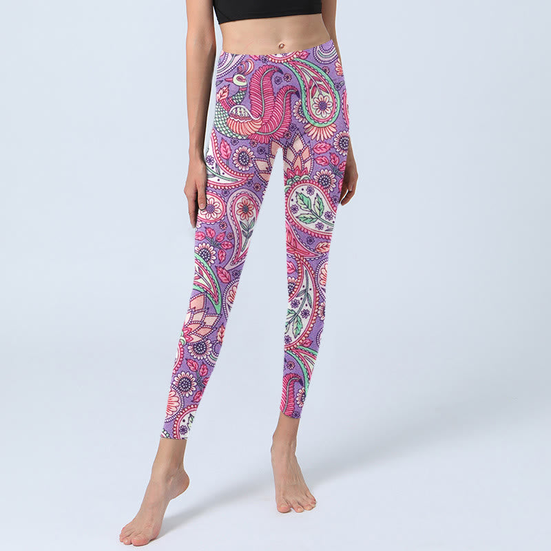 Leggings de fitness et de gym pour femme avec imprimé tournesol et fleurs de cajou violet et rose Buddha Stones - image 5