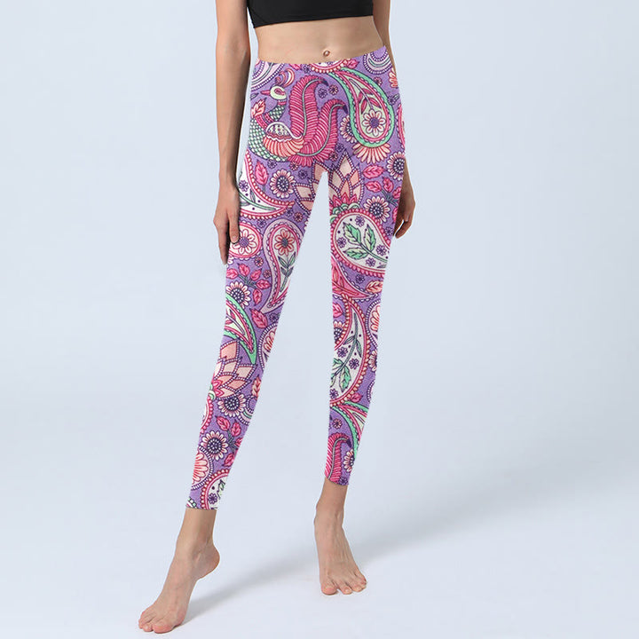 Leggings de fitness et de gym pour femme avec imprimé tournesol et fleurs de cajou violet et rose Buddha Stones - image 5