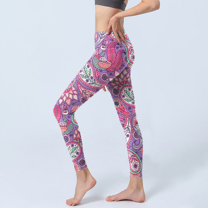 Leggings de fitness et de gym pour femme avec imprimé tournesol et fleurs de cajou violet et rose Buddha Stones - image 2