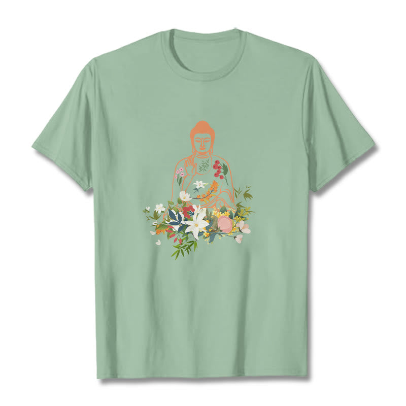 T-shirt à motif de fleurs en fleurs représentant des Buddha Stones en méditation - Vert pâle - 2XL - image 15