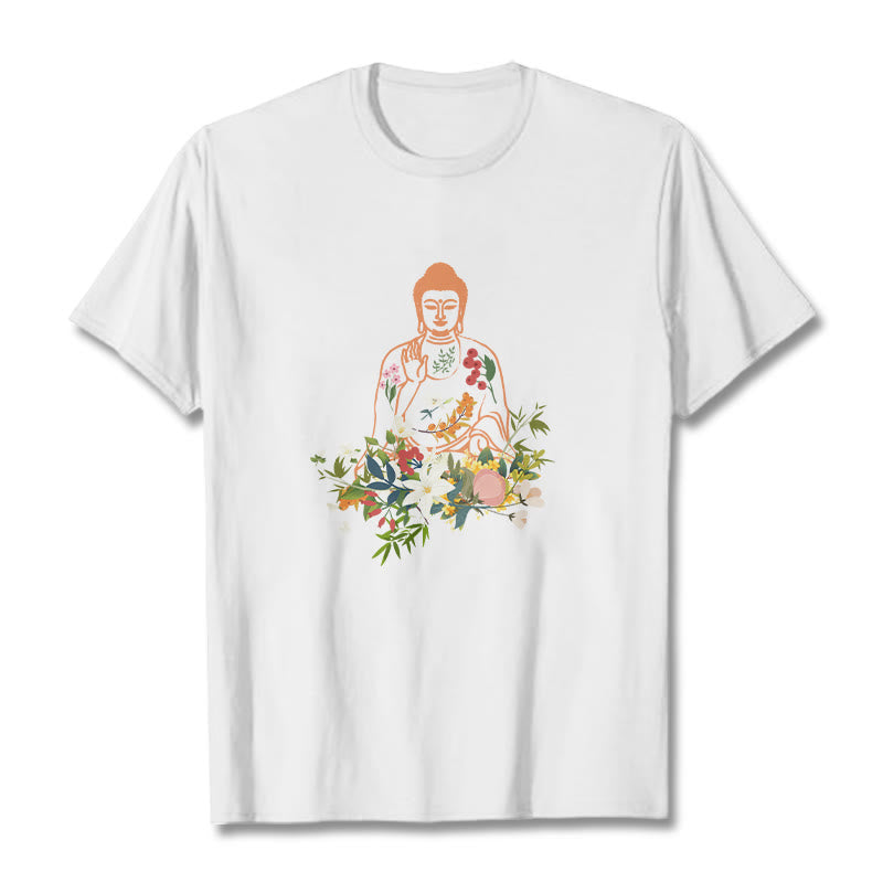 T-shirt à motif de fleurs en fleurs représentant des Buddha Stones en méditation - Blanc - 2XL - image 5
