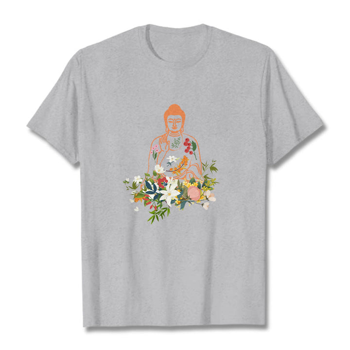 T-shirt à motif de fleurs en fleurs représentant des Buddha Stones en méditation - Gris clair - 2XL - image 19