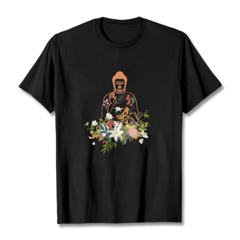 T-shirt à motif de fleurs en fleurs représentant des Buddha Stones en méditation - Noir - 2XL - image 1