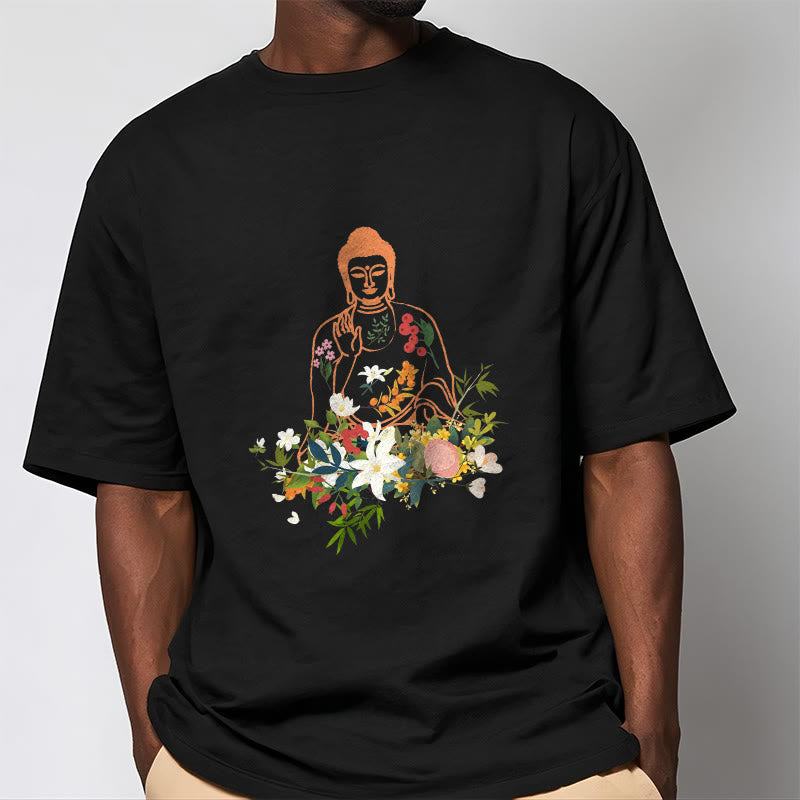 T-shirt à motif de fleurs en fleurs représentant des Buddha Stones en méditation - image 1