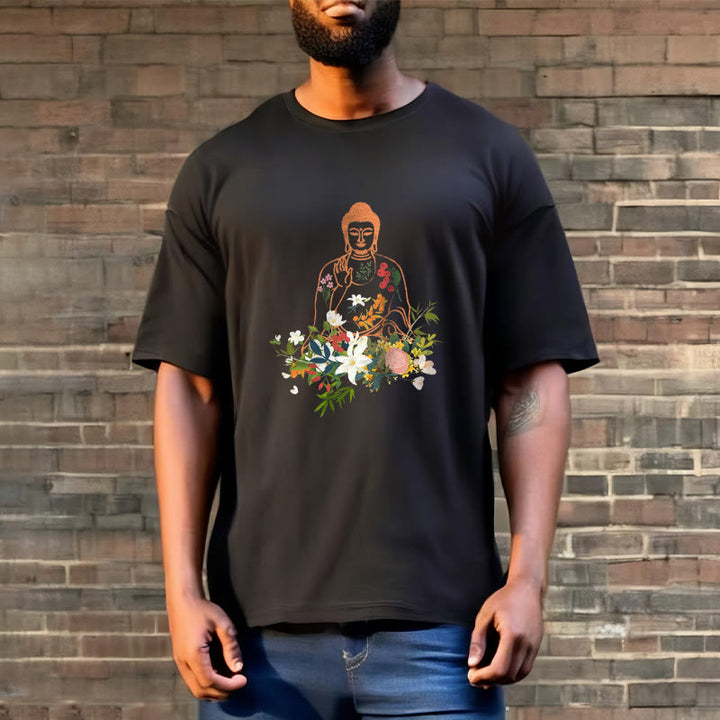 T-shirt à motif de fleurs en fleurs représentant des Buddha Stones en méditation - image 3