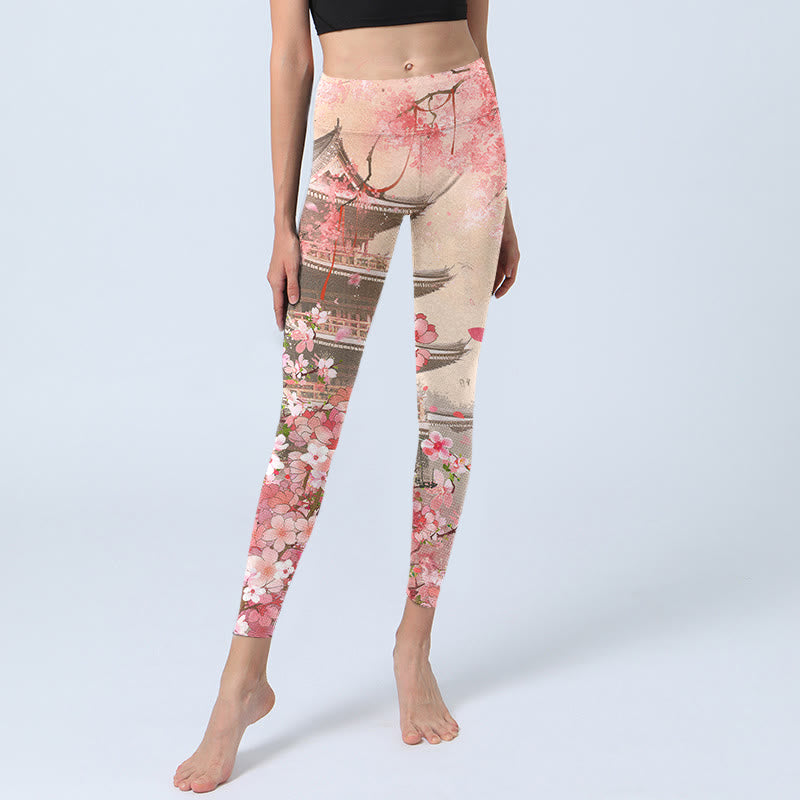 Leggings de fitness en tissu lycra imprimé Buddha Stones Pink Sakura Antique Building Pantalon de yoga pour femme - image 6
