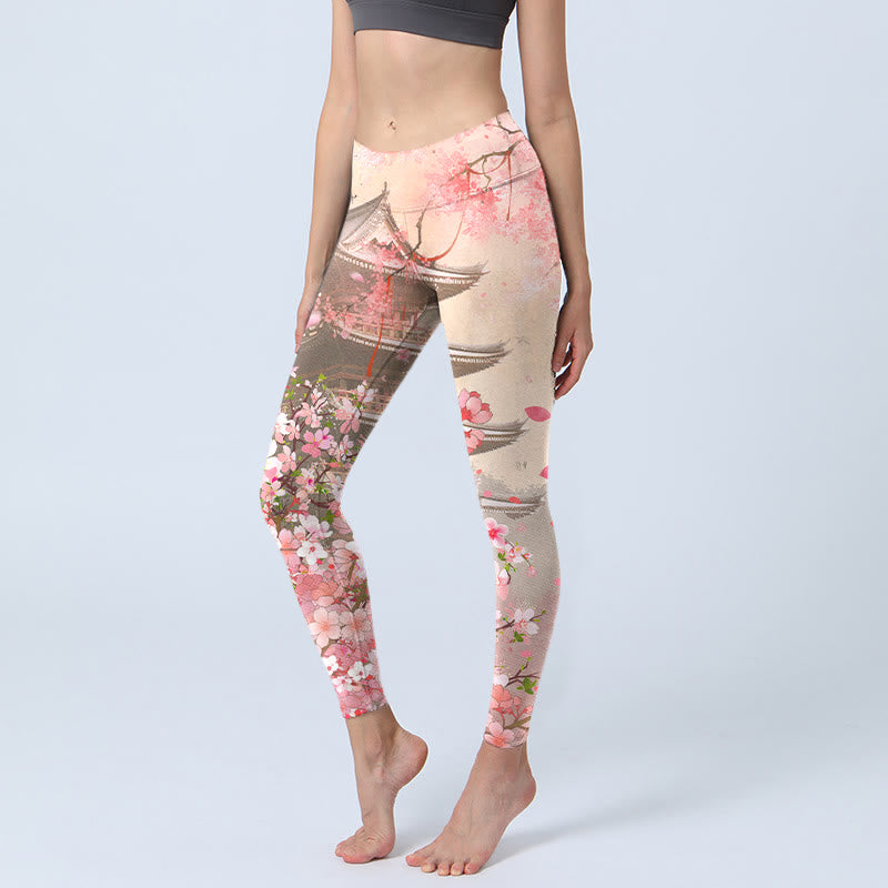 Leggings de fitness en tissu lycra imprimé Buddha Stones Pink Sakura Antique Building Pantalon de yoga pour femme - Blush lavande - US18，UK/AU22，EU50 (4XL) - image 1