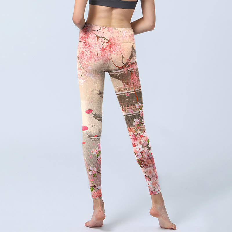 Leggings de fitness en tissu lycra imprimé Buddha Stones Pink Sakura Antique Building Pantalon de yoga pour femme - image 6