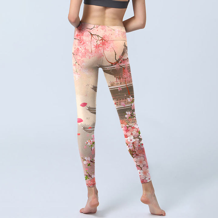 Leggings de fitness en tissu lycra imprimé Buddha Stones Pink Sakura Antique Building Pantalon de yoga pour femme - image 6