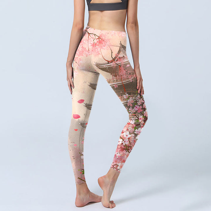 Leggings de fitness en tissu lycra imprimé Buddha Stones Pink Sakura Antique Building Pantalon de yoga pour femme - image 5
