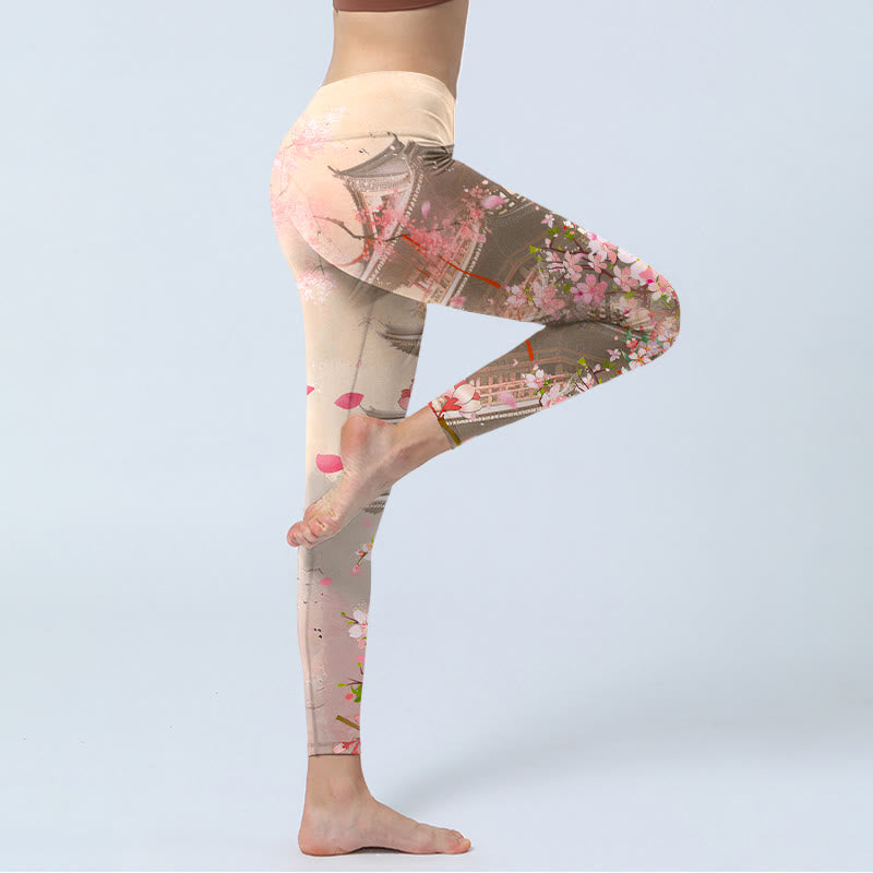 Leggings de fitness en tissu lycra imprimé Buddha Stones Pink Sakura Antique Building Pantalon de yoga pour femme - image 3