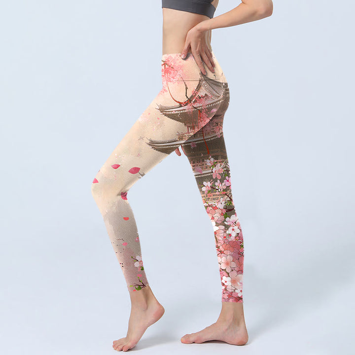 Leggings de fitness en tissu lycra imprimé Buddha Stones Pink Sakura Antique Building Pantalon de yoga pour femme - image 3
