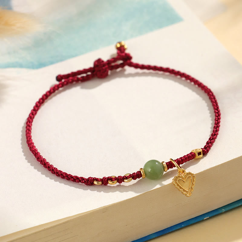 Buddha Stones porte-bonheur en argent sterling 925 avec perles de jade Hetian et pièce de cuivre en forme de cœur avec breloque en forme de cœur - Cordon rouge foncé (Tour de poignet : 14-16 cm) - image 9