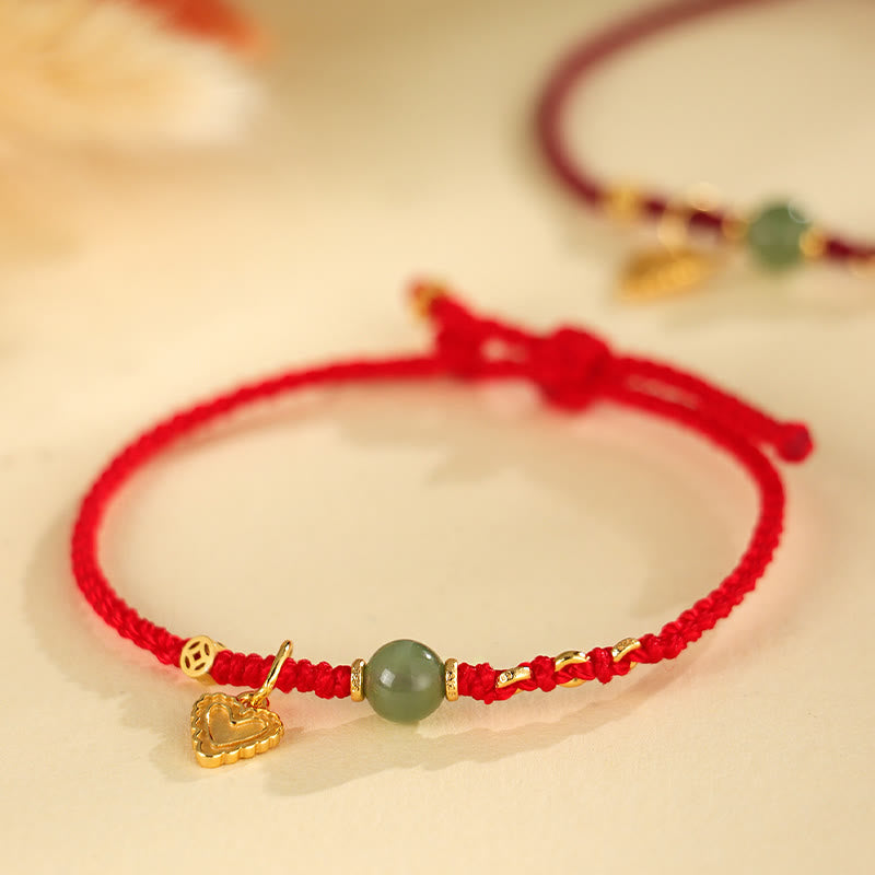 Buddha Stones porte-bonheur en argent sterling 925 avec perles de jade Hetian et pièce de cuivre en forme de cœur avec breloque en forme de cœur - Cordon rouge (Tour de poignet : 14-16 cm) - image 0