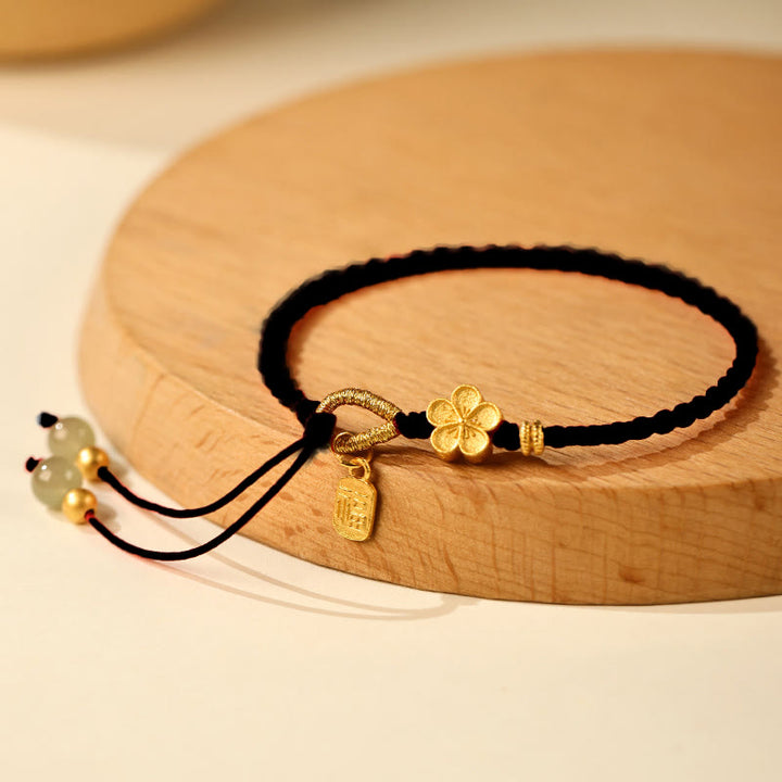 Bracelet porte-bonheur en Buddha Stones Hetian avec petites fleurs de pêcher et breloque en forme de personnage Fu - Cordon noir (Tour de poignet : 14-19 cm) - image 9