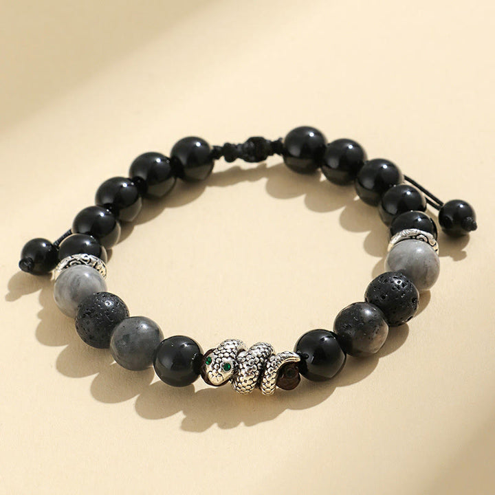 Bracelet de protection Année du serpent en Buddha Stones, onyx noir, pierre noire scintillante, agate blanche et turquoise blanche