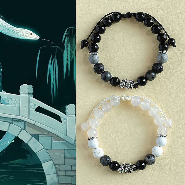 Bracelet de protection Année du serpent en Buddha Stones, onyx noir, pierre noire scintillante, agate blanche et turquoise blanche