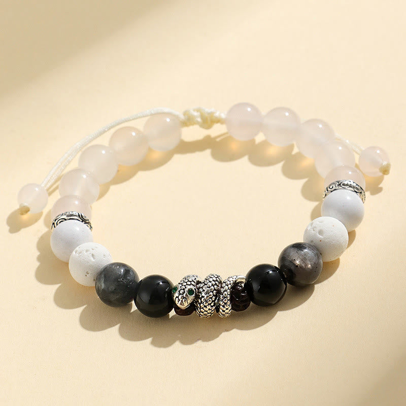 Bracelet de protection Année du serpent en Buddha Stones, onyx noir, pierre noire scintillante, agate blanche et turquoise blanche