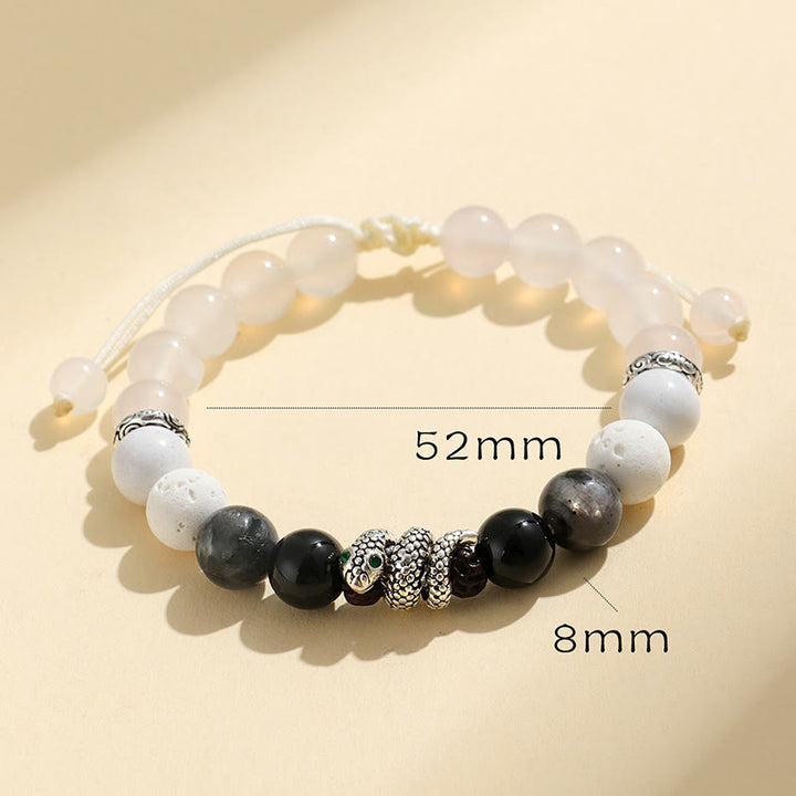 Bracelet de protection Année du serpent en Buddha Stones, onyx noir, pierre noire scintillante, agate blanche et turquoise blanche