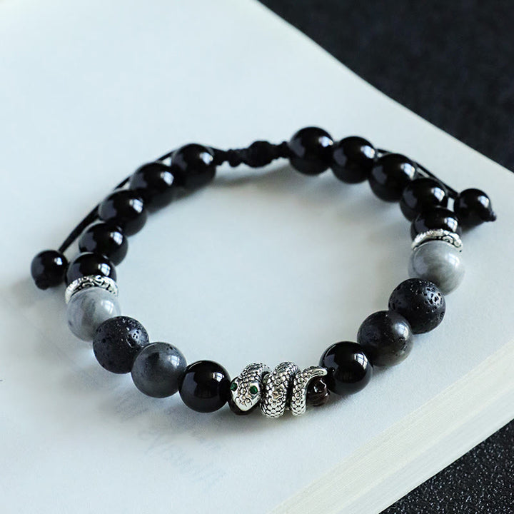 Bracelet de protection Année du serpent en Buddha Stones, onyx noir, pierre noire scintillante, agate blanche et turquoise blanche