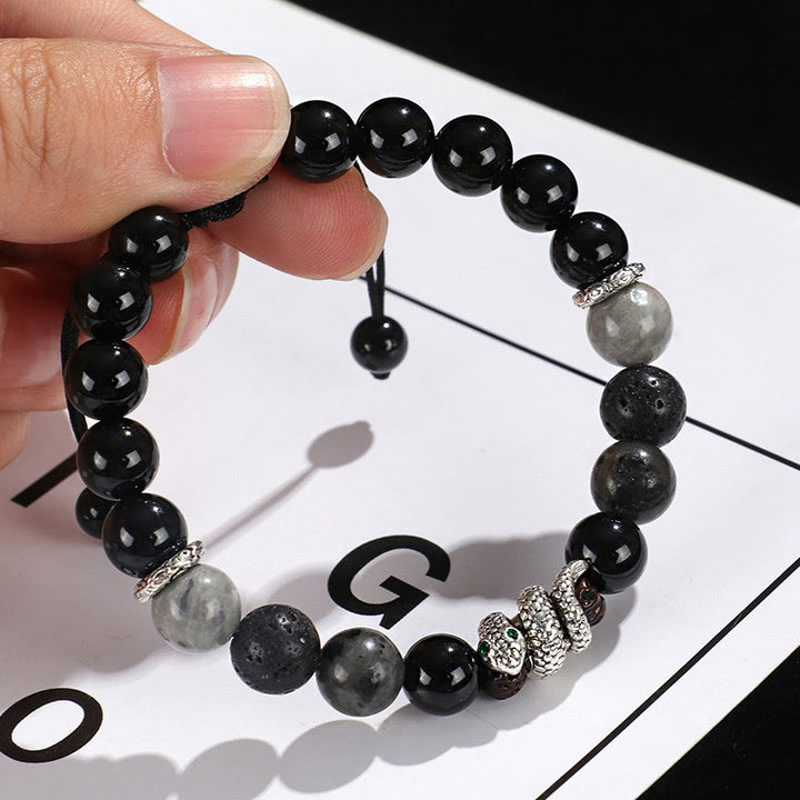 Bracelet de protection Année du serpent en Buddha Stones, onyx noir, pierre noire scintillante, agate blanche et turquoise blanche
