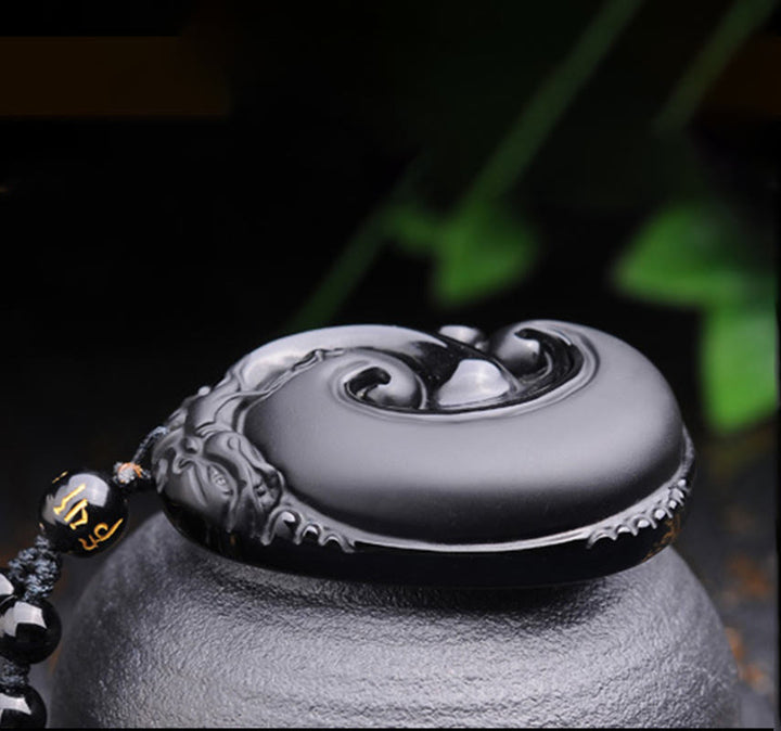 Collier pendentif en obsidienne noire naturelle PiXiu à motif ovale avec Buddha Stones - image 8